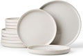 Famiware Star 12pc Stoneware Dinnerware Sets for 6-10.5" & 8" Flat Plates | Ceramic Dishes with Llipped Edges, Chip & Scratch Resistant, Microwave & Dishwasher Safe, Everyday Dining, Cappuccino White