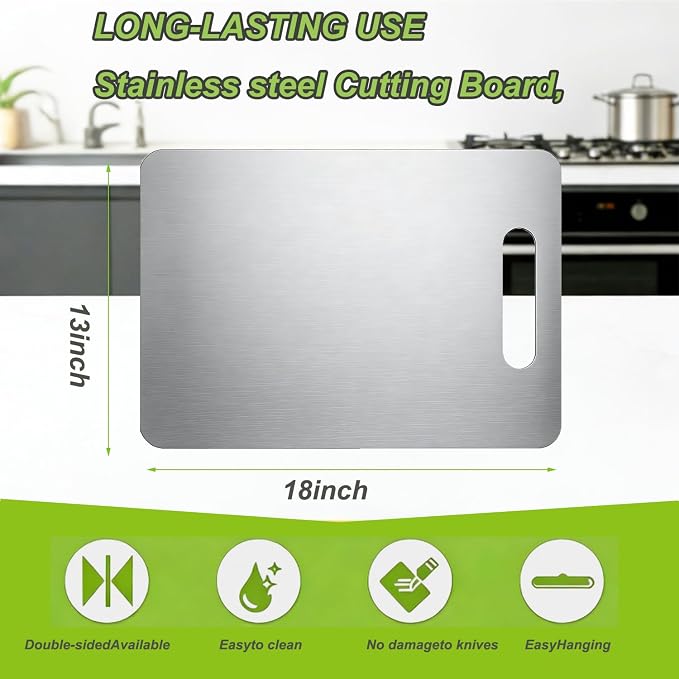 Large Stainless Steel Cutting Board 18"x13", 1.5mm Thick Heavy Duty Large Rectangular Kitchen Board with Handle, Double Sided for Meat Vegetable Fruit
