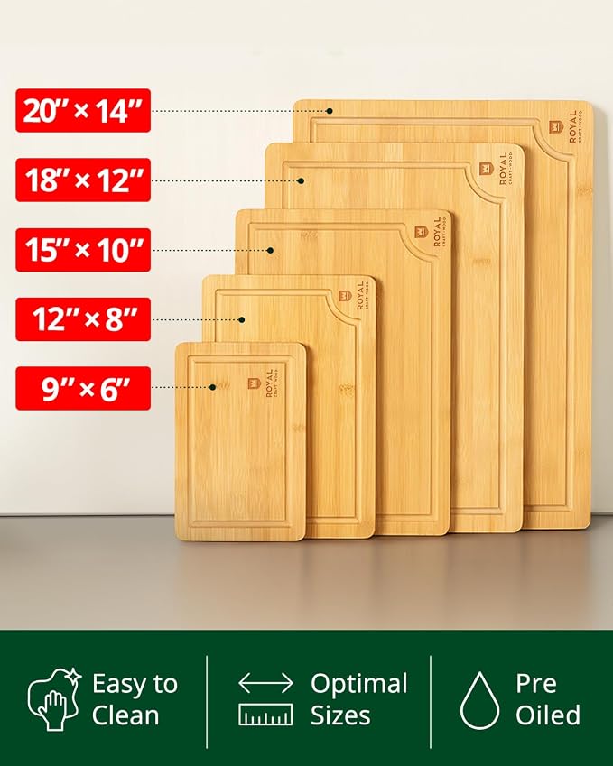 ROYAL CRAFT WOOD Wooden Cutting Boards for Kitchen Meal Prep & Serving - Bamboo Wood Serving Board Set with Deep Juice Groove Side Handles - Charcuterie & Chopping Butcher Block for Meat
