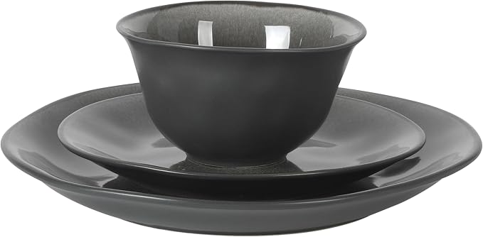 Gibson Elite Port Barton Plates and Bowls Sets, 12-Piece Stoneware Dinnerware Sets, Reactive Glaze Dish Set - Black