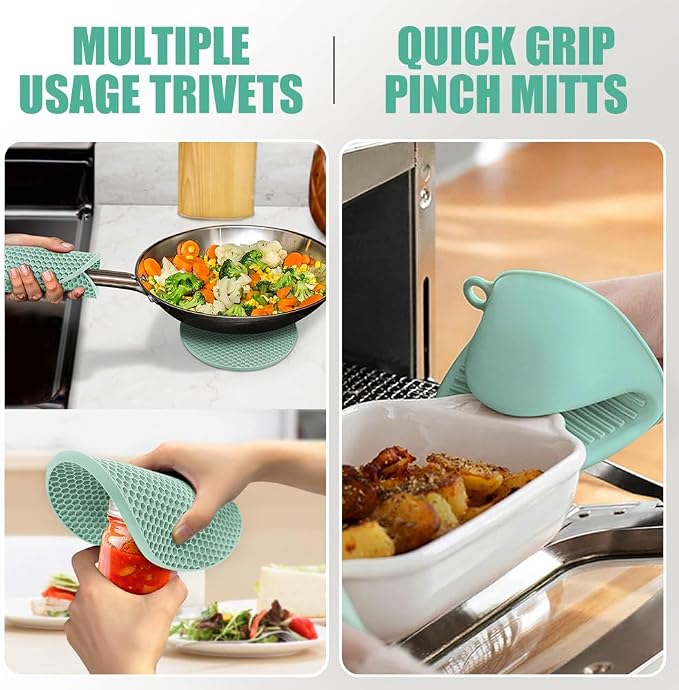 RORECAY 2-Pack Silicone Pot Holders for Kitchen, Hotpad with Pocket, Mint | Heat Resistant up to 500°F, Quilted Cotton Potholders, Non-Slip & Waterproof Trivets for Hot Pots, Pans, and Countertops