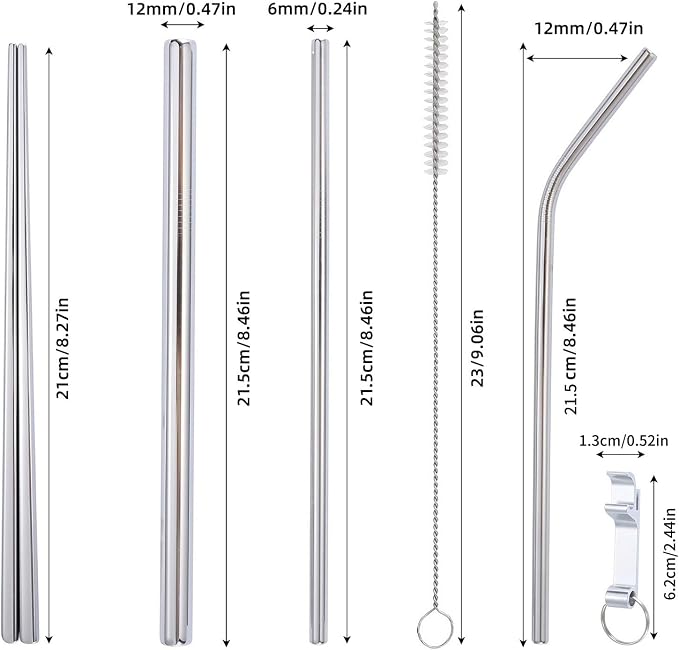 9 Pcs Portable Utensils Set Metal Straws Travel Cutlery Case Fork Spoon | Stainless Steel Utensils with Metal Straws & Cleaning Brush, Bottle Opener and Chopsticks, for Lunch Box Office & Travel