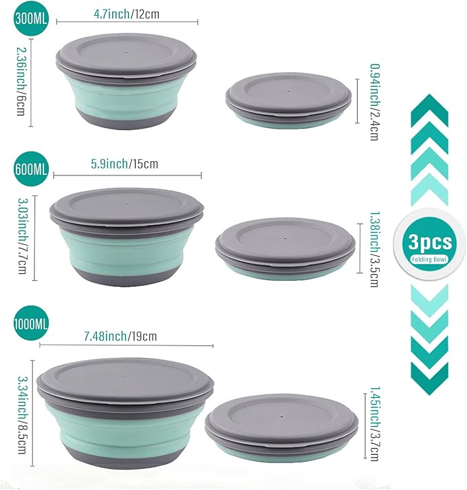 Collapsible Bowls, 3pcs Food Grade Silicone Camping Bowl Salad Bowl with lids, Portable Expandable Lunch Box Food Storage Container for Camping Travel and Picnic,Blue
