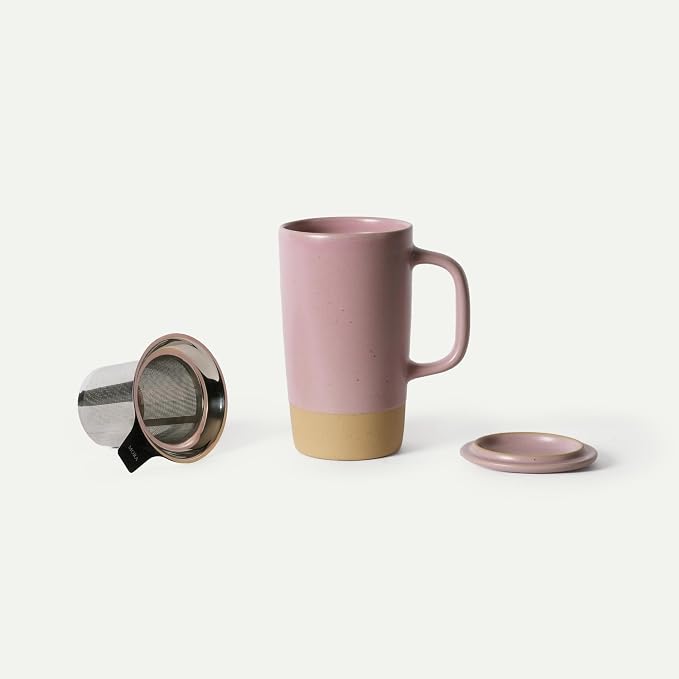 Mora Ceramics Large Tea Mug with Loose Leaf Infuser and Ceramic Lid, 18 oz, Portable, Microwave, Dishwasher Safe, Tall Coffee Cup - Rustic Matte Ceramic Glaze, Modern Herbal Tea Strainer, Dawn