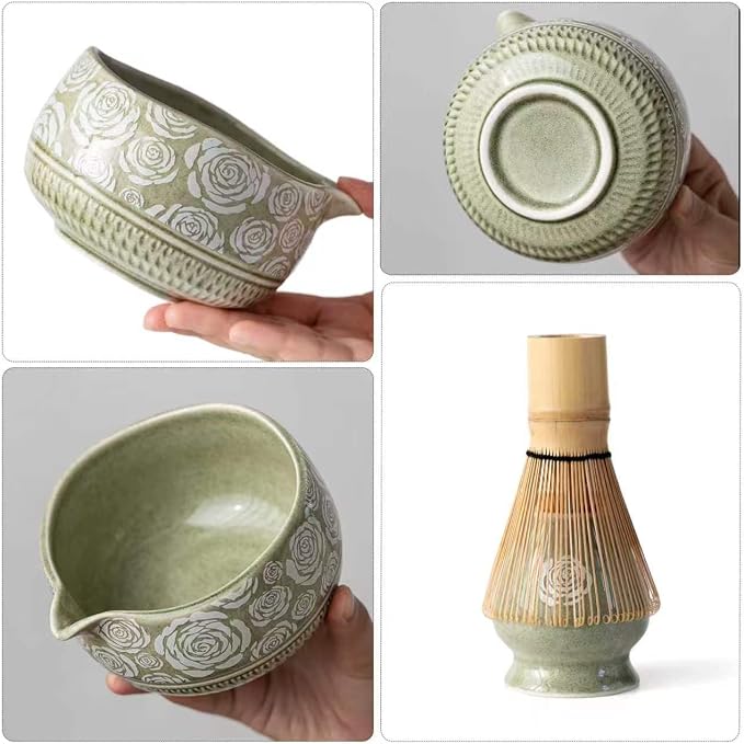 Matcha Whisk Set, 7-Pc Ceramic Matcha Bowl Kit, Bamboo Whisk,（Rose Green） | Buucup Matcha Making Set,Includes Matcha Bowl, Matcha Whisk and Holder, Bamboo Scoop, Scoop Rest, Sifter and Tea Towel