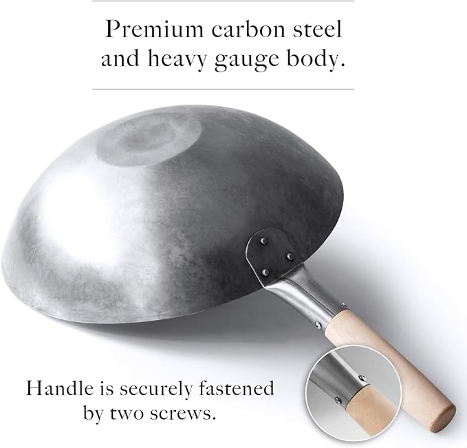Flat Bottom Carbon Steel Wok Pan - Authentic Hand Hammered Woks and Stir Fry Pans - 14" Pow Wok