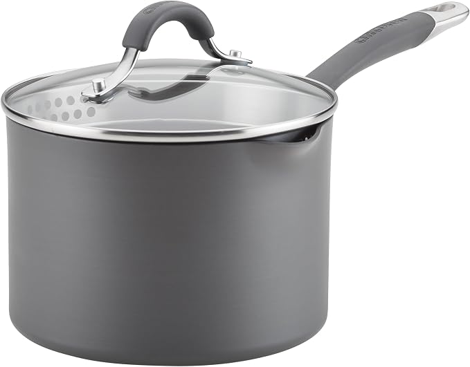 Circulon Radiance Hard-Anodized Nonstick Saucepan with Lid, 3-Quart | Straining lid for easy draining, durable hard-anodized nonstick construction for everyday cooking, in Gray