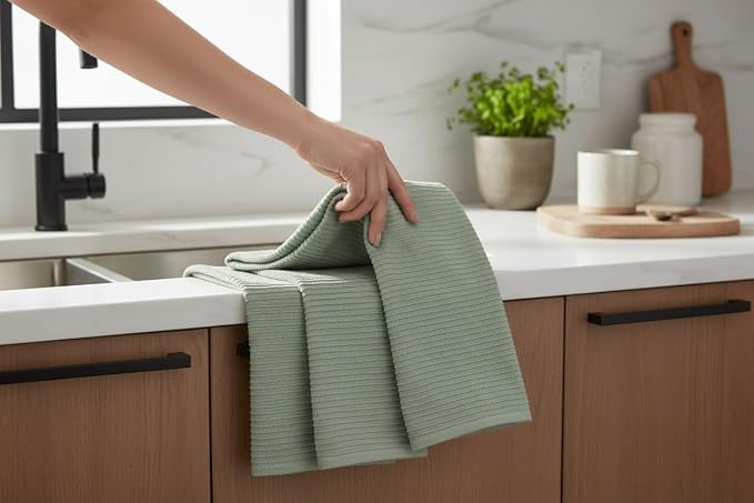 Sage Green Kitchen Hand Dish Towels, Set of 3, 100% Cotton, 18" x 28" | Terry Loop Ribbed Textured, Soft & Absorbent Cleaning Cloth, Quick Dry, Multipurpose for Everyday Use
