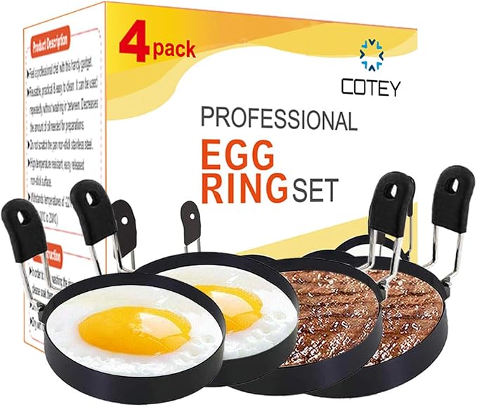 COTEY Large 3.5" Nonstick Egg Rings Set of 4, Round Crumpet Ring Mold Shaper for English Muffins Pancake Cooking Griddle - Portable Grill Accessories for Camping Indoor Breakfast Sandwich Burger | Stainless Steel Fried Egg Cooker Ring Molds for English...