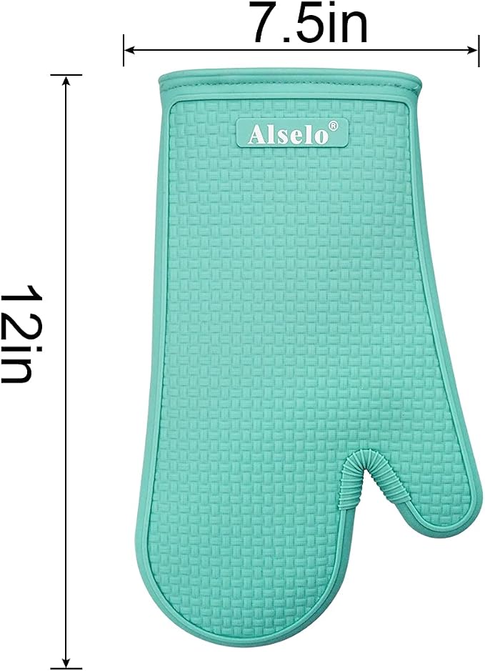 Alselo Silicone Oven Mitts Set, Heat Resistant 550 Degree,7.5"x12" | Kitchen Mittens,Waterproof & Non-Silp Oven gloves for Baking Cooking Barbecue Microwave & Machine Washable(Blue, 2)