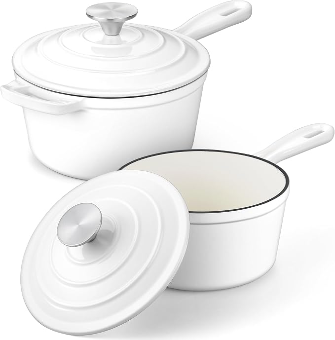 Leonyo 1& 2Qt Enameled Cast Iron Saucepan with Lid, Cooking Pot Set, White