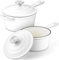 Leonyo 1& 2Qt Enameled Cast Iron Saucepan with Lid, Cooking Pot Set, White