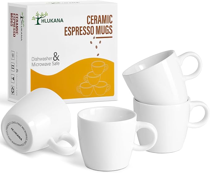 Hlukana Porcelain Espresso Cups Set of 4, 3.5 oz Small Coffee Mugs, White Demitasse Cups Perfect for Espresso Machine and Coffee Maker, Microwave Dishwasher Safe Espresso Cups