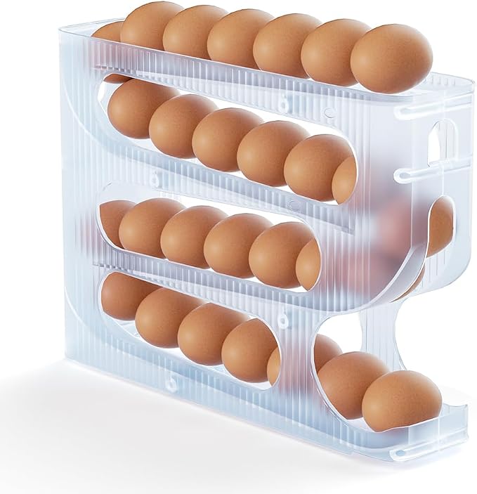 FIFO Egg Holder for Fridge, Egg Organizer for 28 Large Size Eggs | 1-Pack Auto Rolling Egg Dispenser for Refrigerator, Space-Saving Egg Roller/Container/Storage(Frosted Clear)