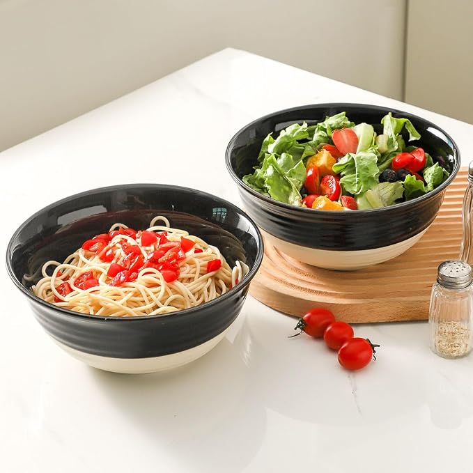 HASENSE Large Porcelain Serving Bowls Set of 2, 60 Oz 8.5 Inch Black & Beige Stoneware Mixing Bowls, Farmhouse Bowls for Salad, Soup & Pasta, Dishwasher & Microwave Safe