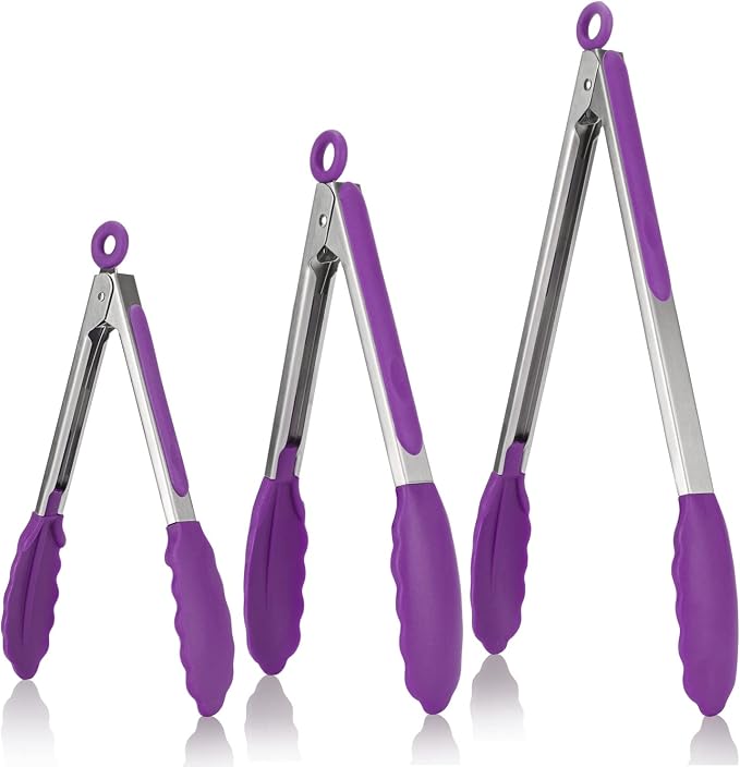 U-Taste Kitchen Tongs for Cooking, 600ºF Heat-Resistant Tps, 3Pcs/Purple | Silicone Tong Set 7/9/12in, Salad/Grill/BBQ Plastic Tongs for Food Serving, Rubber Thong with 18/8 Stainless Steel Handle