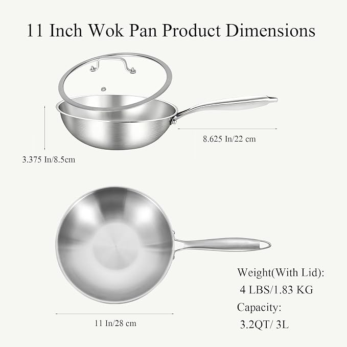 Inqibee 11 Inch Stainless Steel Wok Pan with Lid, Riveted Handle | Uncoated Tri-Ply Stainless Steel Stir Fry Pan, Everyday Cooking Wok for Induction, Flat Bottom, Dishwasher & Oven Safe