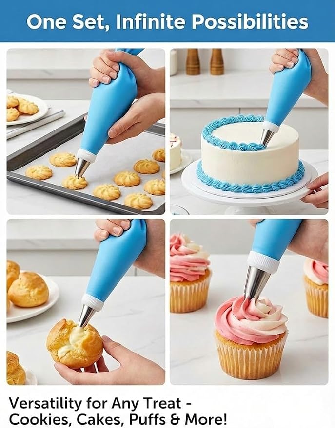 120-Piece Piping Bags and Tips Set with 100 Disposable Bags for Decorating | Thick disposable piping bags, a reusable icing bag and frosting tips create clean cake and cupcake designs with easy cleanup.