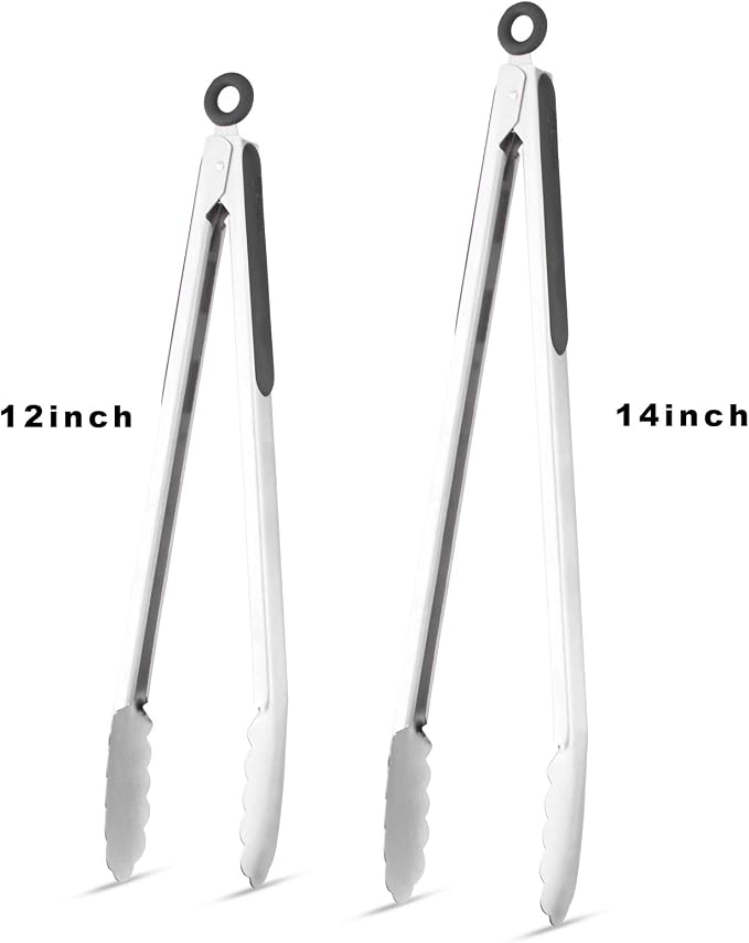 304 Stainless Steel Kitchen Cooking Tongs, 12 & 14 Inch, Set of 2, Black | Locking Food Tongs with Non-slip Grips and Hanging Loops for Cooking, Grilling, BBQ and Serving, Dishwasher Safe