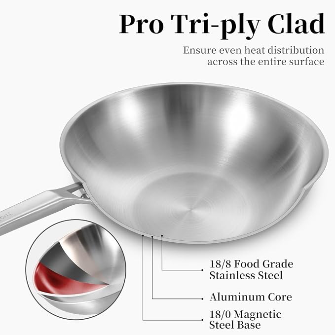 Inqibee 12 Inch Stainless Steel Wok Pan with Lid, Detachable Handle | Uncoated Tri-Ply Stainless Steel Stir Fry Pan, Everyday Cooking Wok for Induction, Flat Bottom, Dishwasher & Oven Safe