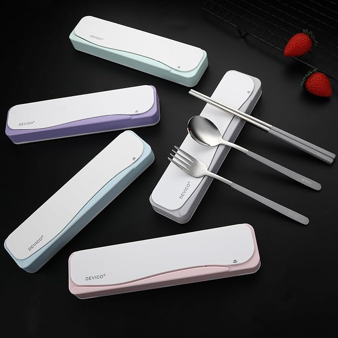 DEVICO Travel Utensils with Case, 4Pcs Portable Silverware Set for Work, 18/8 Stainless Steel Reusable Cutlery, Korean Spoon and Chopsticks Fork for Camping, School, Lunch Box Accessories (Grey)