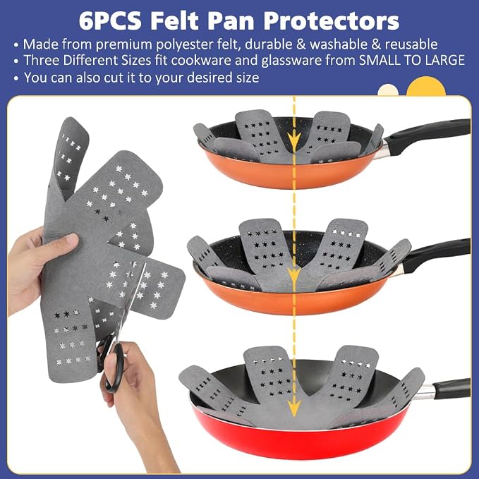 BYKITCHEN 3PCS Silicone Pan Protectors with 6PCS Felt Pot Separators Pads | Cookware Dividers for Stacking and Protecting Your Cookware,Compatible with Hexclad Cookware, Tfal Nonstick Frying Pans &More