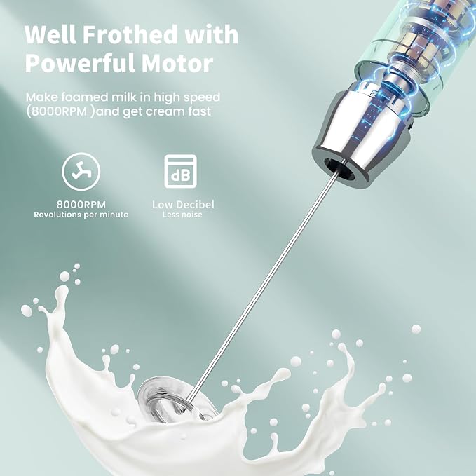 Maestri House Rechargeable Milk Frother,Stand & 3 Detachable Whisks | Lunafro Plus 8000RPM Turbo Motor, 1200mAh lithium battery, Handheld Milk Frother for, Cappuccino, Matcha & Protein Powder
