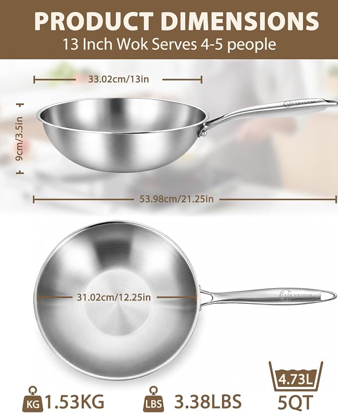 13-Inch Tri-Ply Stainless Steel Wok Pan with Lid | Detachable handle | Stir-Frying Pan | Induction Wok | Dishwasher and Oven Safe | Heavy-Duty | Flat-Bottom