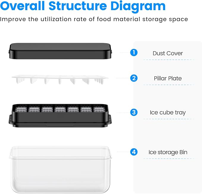 Ice Cube Tray with Lid and Bin, Easy Release 28 Cubes for Freezer | Food-grade BPA-free PP and ABS. Ice cubes for fruit, cocktails, iced coffee. Space-saving stackable with scoop