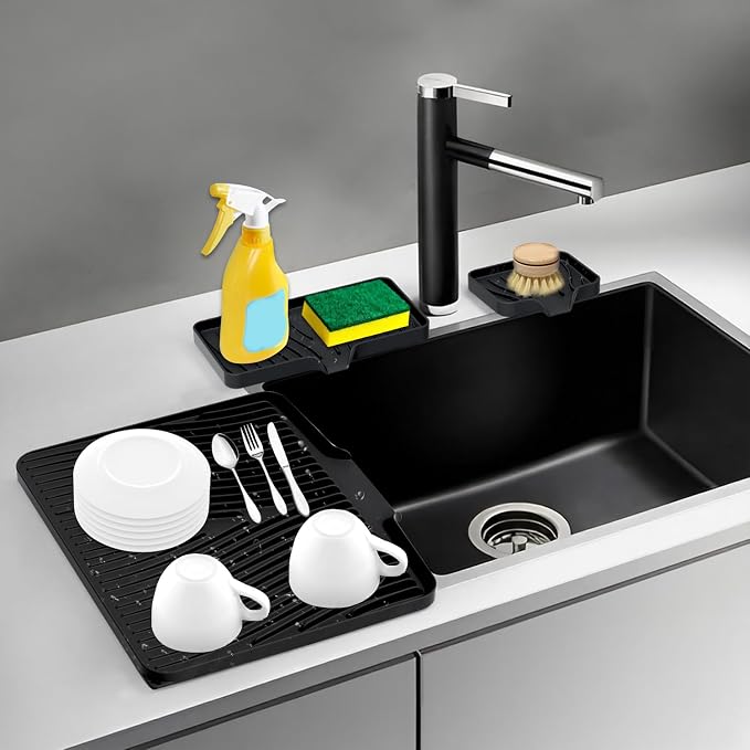 Silicone Dish Drying Mat for Kitchen counter | 19.7"x17" Dish Drainer Mat, Heat-Resistant Kitchen Counter Mat & Over-Sink Drying Tray, Can Be Hung, Black-1Set-L