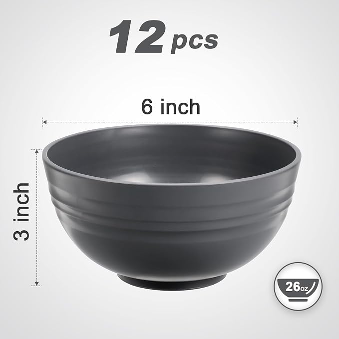 HEYCOME 12 Pcs Unbreakable Cereal Bowls Set, 26 Oz Wheat Straw Bowls Set, Microwave & Dishwasher Safe Bowls for Kitchen, Reusable Plastic Bowls for Soup, Salad and Snack, BPA Free, Dark Gray