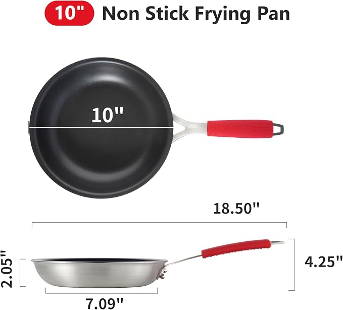 10 Inch Nonstick Frying Pan, Tri-Ply Clad Stainless Steel Skillet with Reinforced Coating, Detachable Handle with Sleeve, Dishwasher & Oven Safe, Induction Compatible, PFOA-Free Fajita Pans