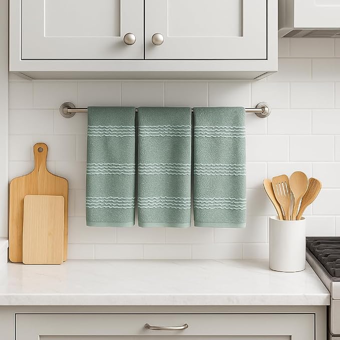 Sage Green Kitchen Hand Dish Towels, Set of 3, 100% Cotton, 18" x 28" | Modern Farmhouse Textured Stripe Weave, Oversized Dish Cloth, Soft & Absorbent, Quick Dry, Multipurpose Everyday Use