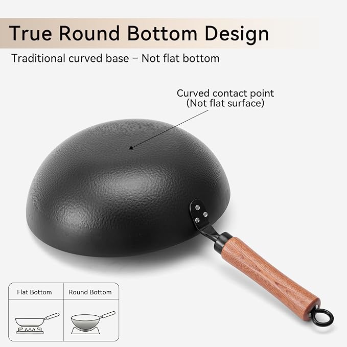 WANGYUANJI Carbon Steel Wok Pan 11 Inch - Round Bottom Traditional Pow Wok (Requires Gas Stove & Wok Ring) - No Coating Hand Hammered Stir Fry Pan with Lid & Detachable Handle
