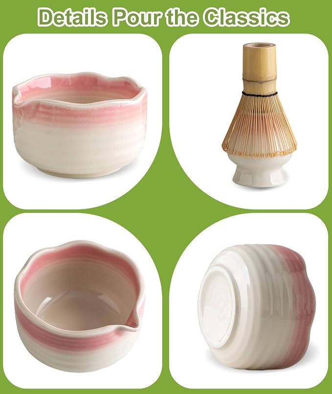 JBER Matcha Whisk Set, Ceramic Matcha Set Includes Bowl & Holder, Bamboo Whisk (Chasen), Sifter, Scoop, Spoon & Rest - 7PCS Matcha Kit Gift for Matcha Lovers & Beginners, Gradient Pink | Complete Matcha Kit Includes 17oz Bowl, Handmade Whisk 100 Prongs...