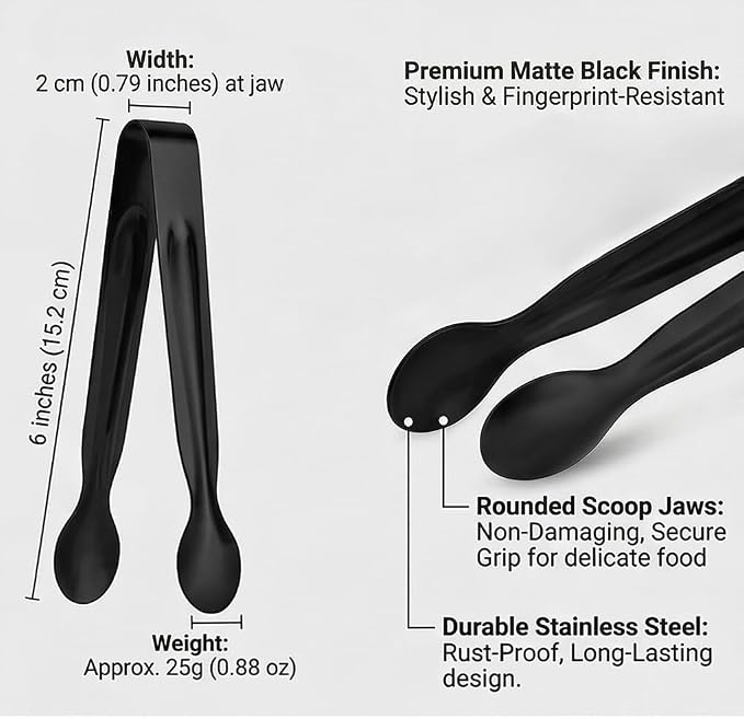 Small Serving Tongs, Mini Stainless Steel Sugar Tongs for Ice, Candy, Appetizers, Charcuterie, Kitchen Serving Utensils, Black