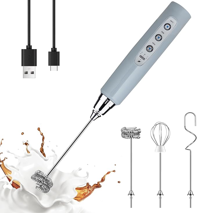 YUSWKO Handheld Milk Frother Wand for Coffee, Rechargeable Electric Whisk with 3 Heads 3 Speeds Drink Mixer Coffee Frother For Latte, Cappuccino, Hot Chocolate, Egg, Cement Gray