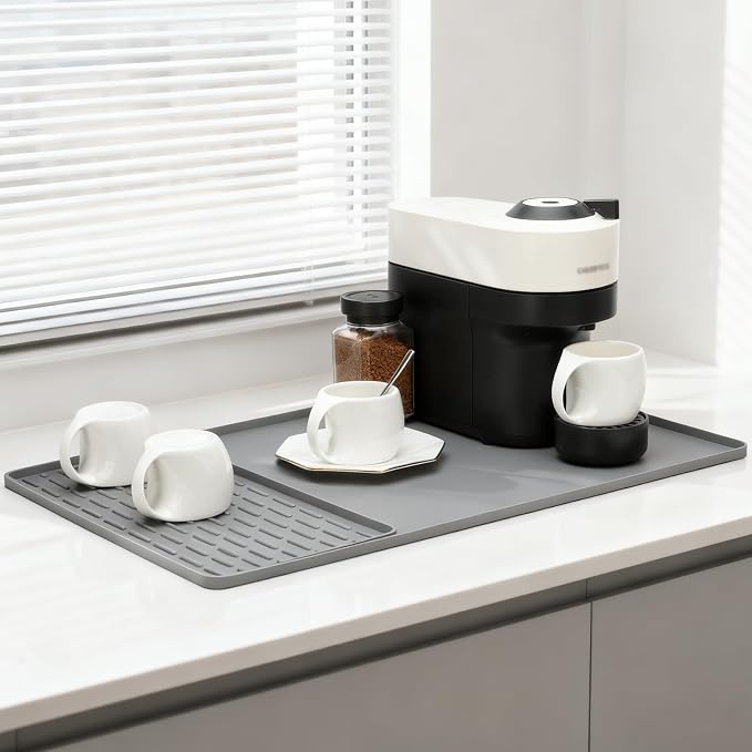 Silicone Coffee Mat 24 x 16 in Combination, Classic Gray | Coffee bar mat for countertop use, coffee station mat or coffee machine mat with removable tray