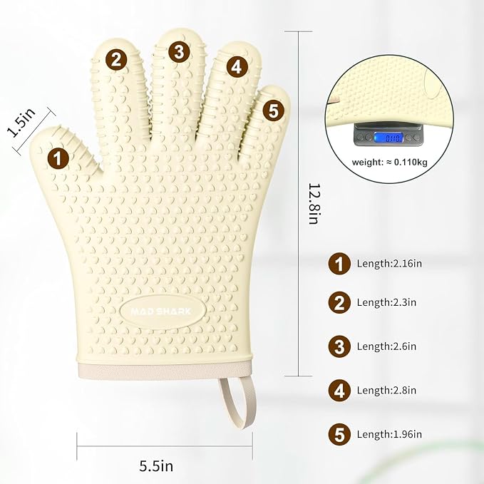 MAD SHARK Silicone Oven Mitts with Fingers Heat Resistant 450°F in Kitchen | Waterproof & Non-Slip Oven Gloves,Cotton Lined Silicone Kitchen Mitts for Baking Cooking Barbecue,Women (White)