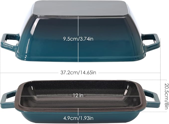 Flavehc Oval Cast Iron Dutch Oven for Bread Baking 12x8 Inch Enameled Bread Pan with Lid 6QT Cast Iron Bread Dutch Oven for Sourdough，DarkCyan