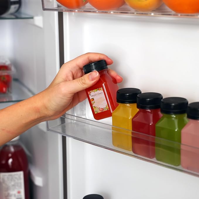 12pcs 4oz Plastic Juice Bottles with Caps, Sticker Labels, Brush | Empty Reusable Clear Ginger Shots Bottles with Lids, Label, Funnel, and Brush Beverage for Juicing, Smoothies, Drinking