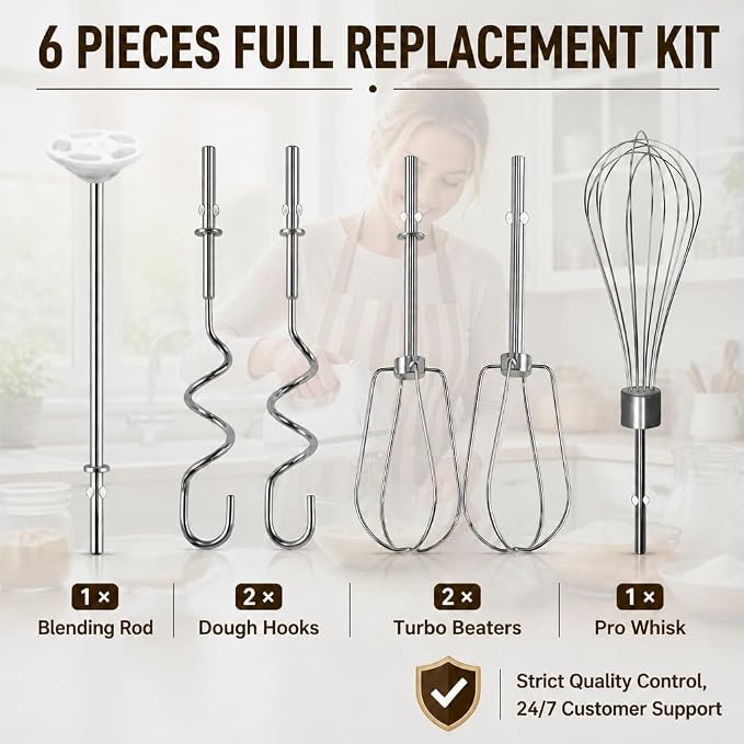 Hand Mixer Beaters Attachments Replacement for KitchenAid KHM Series | Stainless Steel Turbo Beater, Pro Whisk, Dough Hooks & Blending Rod Parts for KHM512 KHM926 KHM7210 KHM6118 (Style C, 6 Pack)