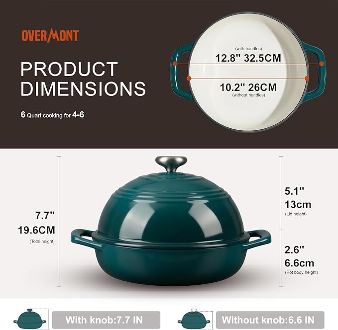 Overmont Enameled Cast Iron Dutch Oven, 6QT Bread Oven with Dome Lid Recipe | Tall Bread Pot with Potholders, for Sourdough Bread Baking Artisan Loaves, Crispy Crust & Better Oven Spring, 500°F Oven Safe