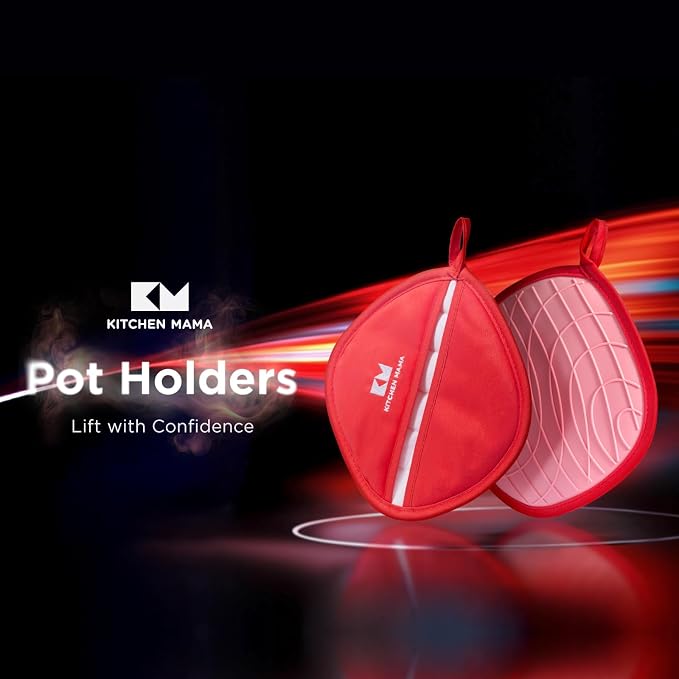 Kitchen Mama Silicone Pot Holders, Red | Heat Resistant, Non-Slip Surface, Dual Pocket Design, Soft Cotton Lining