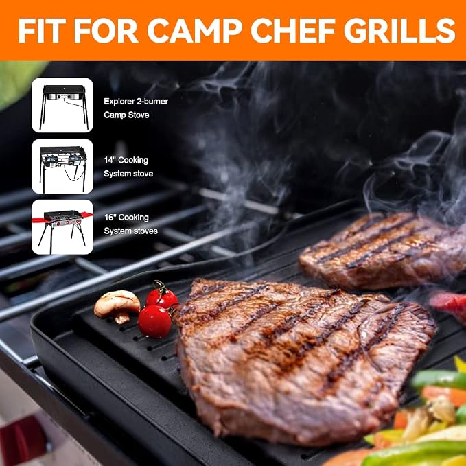 GGC Reversible Cast Iron Grill Griddle for All Camp Chef 14" and 16" Stoves, Double Side Griddle for Camp Chef Explorer 2-Burner, 3-Burner, Single Burner Stove, Cooking Surface 14" x 16"