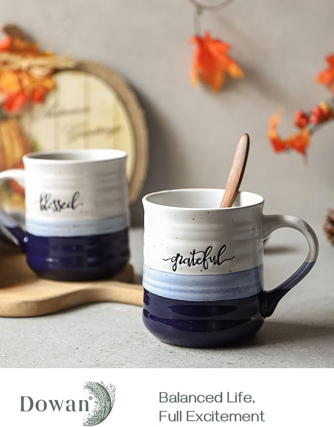 DOWAN 20 oz Coffee Mugs, Large Mugs with Word Blessed Grateful, Porcelain Coffee Cup, Thank You Gifts for Mom Dad, Set of 2