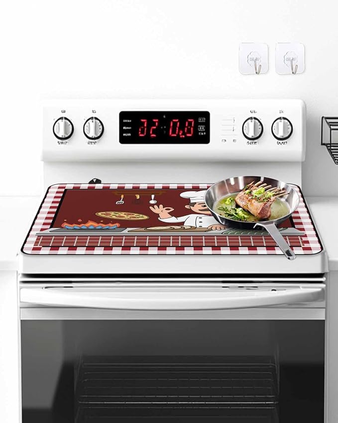 Stove Top Covers for Electric Stove 31x24 Inches, Ok Gourmet Cooking HeatResistant Glass Cooktop Protector, Funny Chef Kitchen Knife Fork Red Plaid Ceramic Stovetop Countertop Covers Mat, Oven Cover