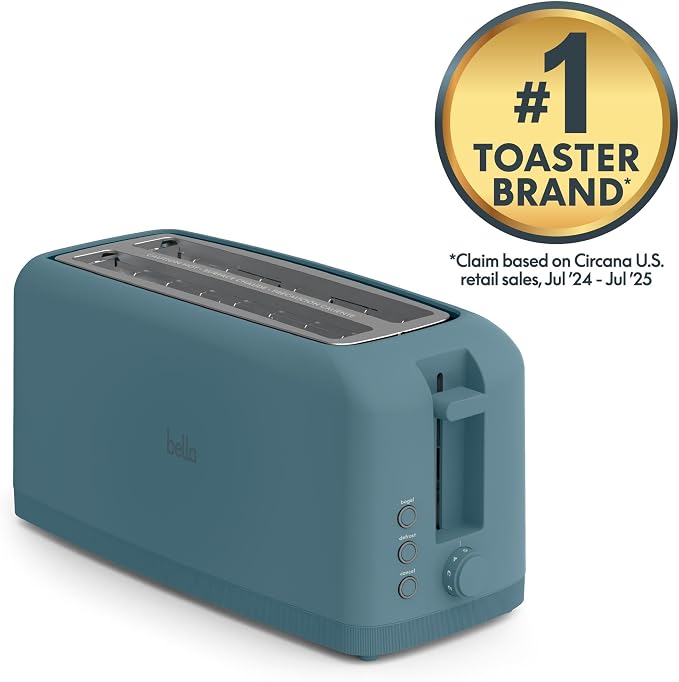 bella Fits-Anywhere™ Slim Toaster, 4 Slice Extra Long & Wide Slot, Surf