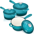 Leonyo 1Qt & 2Qt & 3Qt Cast Iron Saucepan Set, Dutch Oven Pot, Lake Green | For All Cooktops Cooking Pasta, Milk, Oatmeal - Up to 500°F & Nonstick