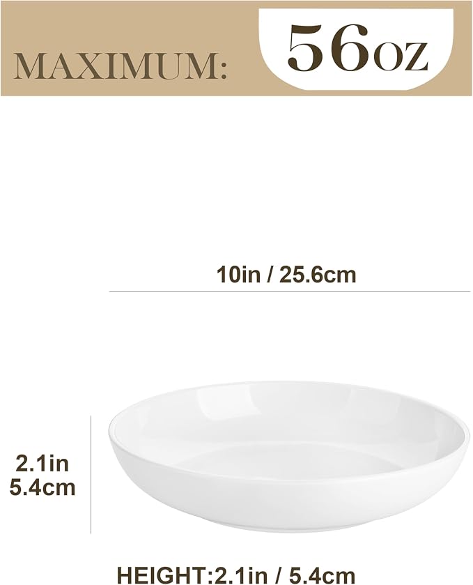 MALACASA 10" Large Pasta Bowls Set of 4, 56 OZ Wide and Shallow Salad Bowls Soup Bowls, Porcelain White Serving Bowls, Kitchen Bowl Plates Pasta Plates, Microwave & Dishwasher Safe, Series REGULAR
